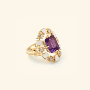 Rouvenat - Anillo de marco, oro amarillo, cerámica blanca, diamantes, amatista - Ref.: FRL_1_J_J_02_AME